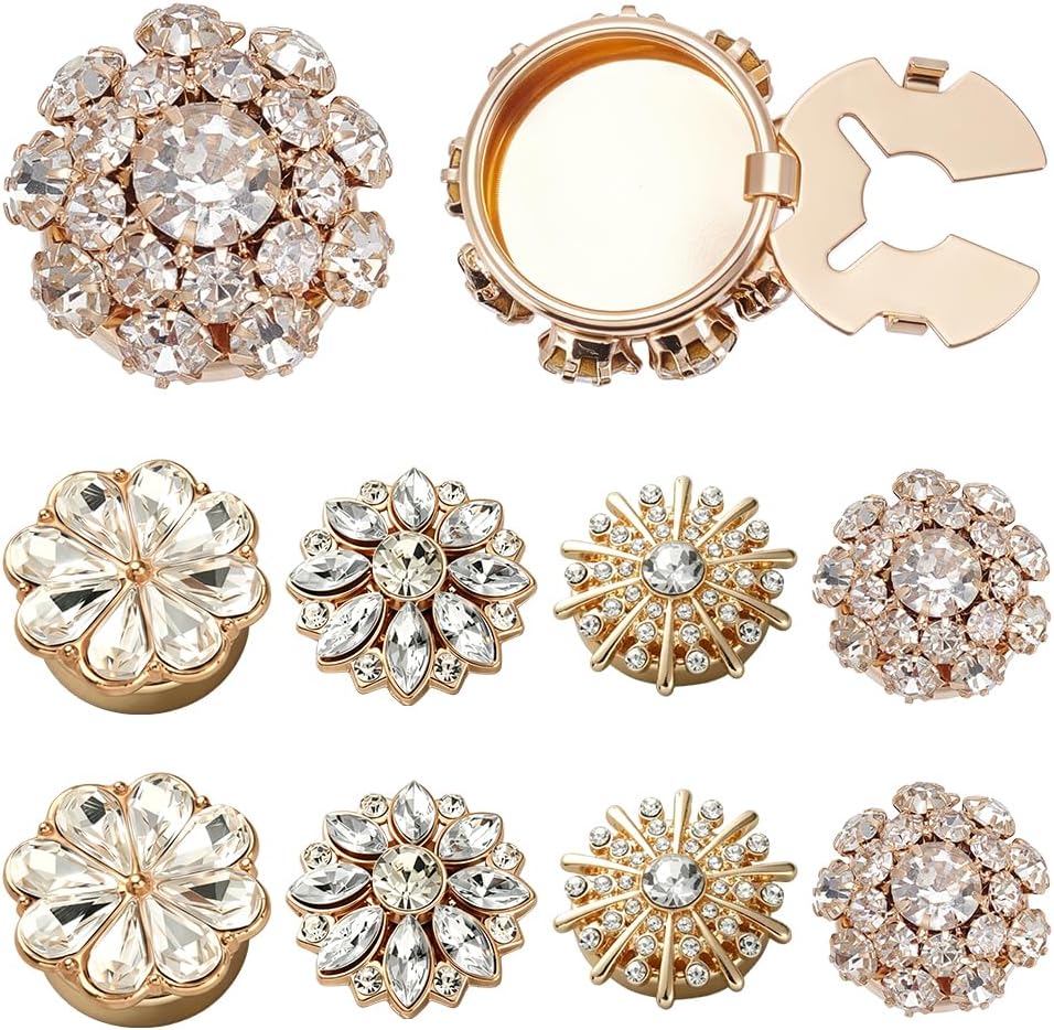 WADORN 8Pcs 4 Styles Rhinestone Flower Button Covers, 0.8-1.1 Inch Sewing Buttons Detachable Shirt Clip No Sew Buttons Wedding Rhinestone Embellishments for Women DIY Clothes Bags Shoes Dress, Golden