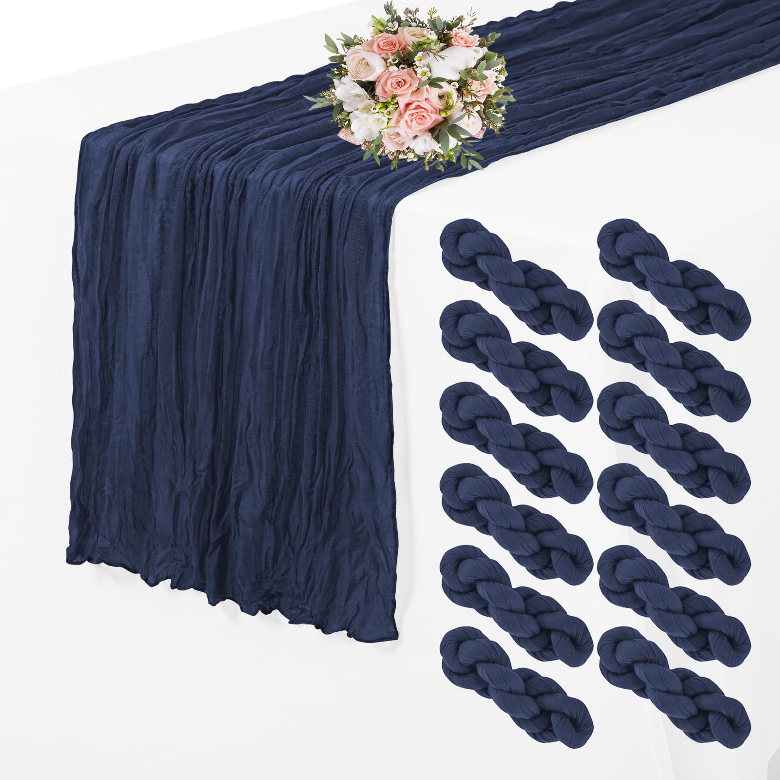 12 Pack Cheesecloth Table Runner 35 x 70 inch Long Boho Cheese Cloth Gauze Table Runners Semi Sheer Table Runner for Wedding Decor, Bridal Shower, Birthday Party (Navy Blue)