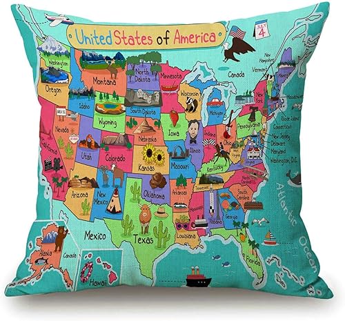 Funda de cojín de lino con diseño de mapa de Estados Unidos, 18 x 18 pulgadas, diseño de dibujos animados, hechos divertidos, geografía de Estados