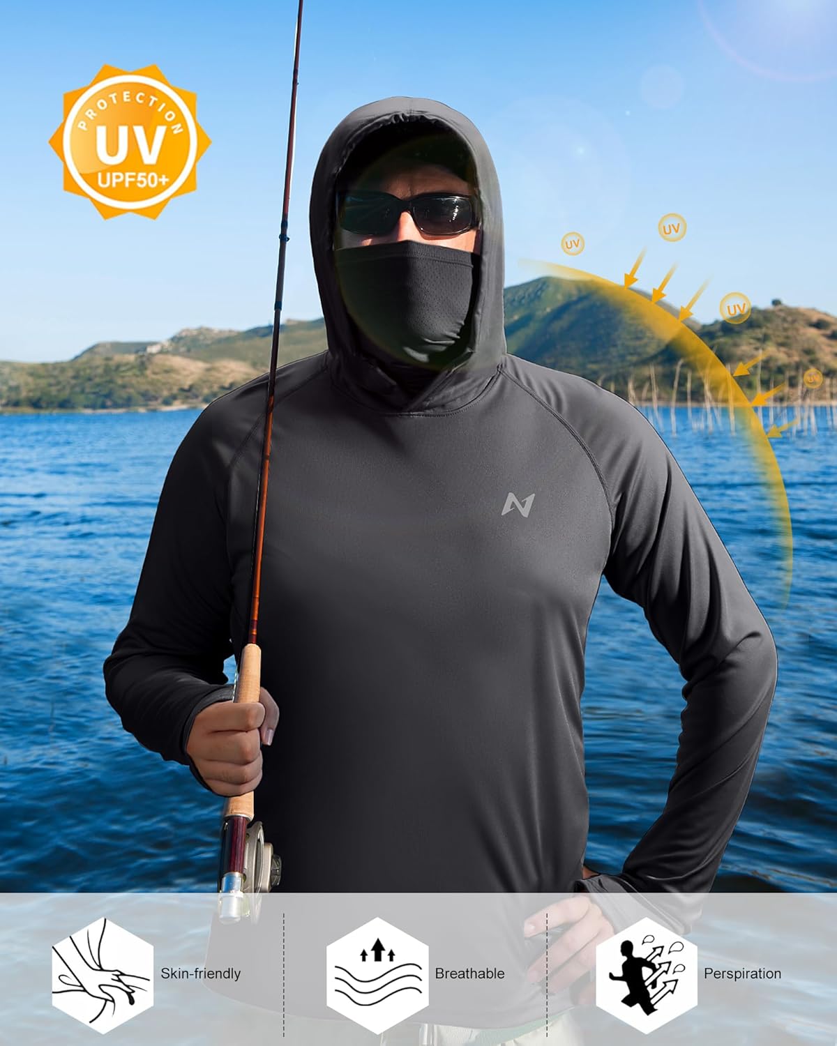 isnowood Sun Shirt UPF 50+ Men's Fishing Long Sleeve UV Protection Hoodie Hiking Rash Guard Swimming Running - Image 4