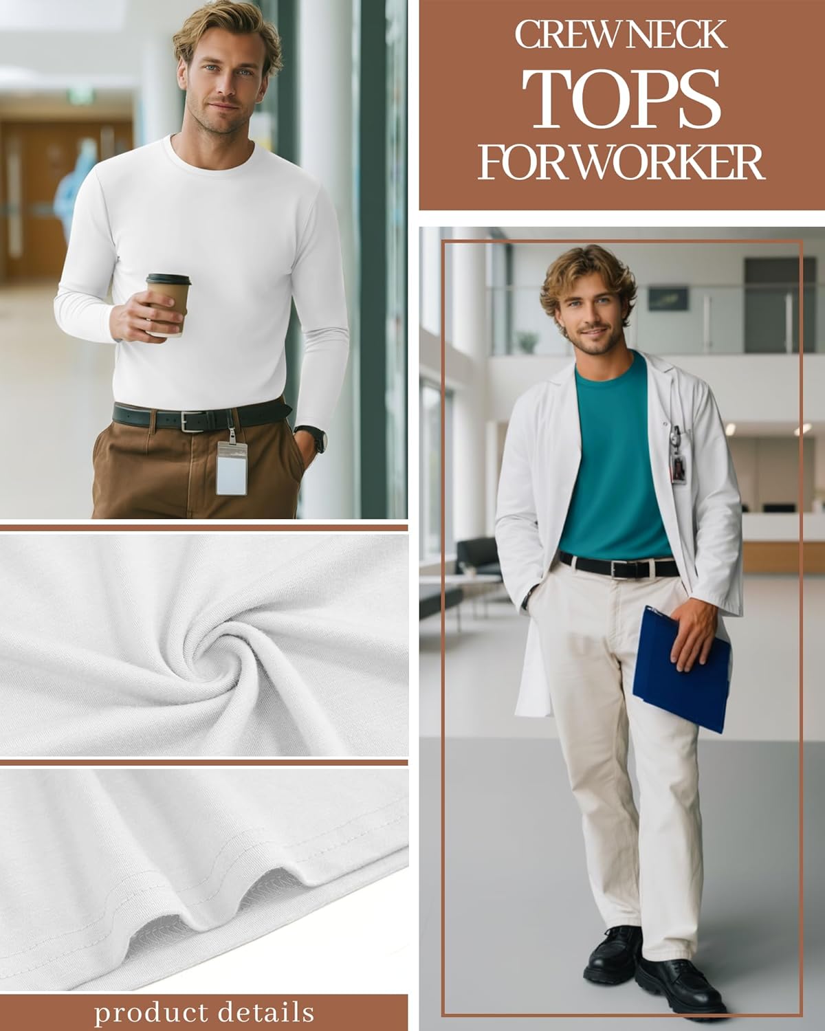 3 Pack Men's Big & Tall Long Sleeve Underscrub Tops Crew Neck Base Layer Undershirts Slim Fit T Shirts Basic Tops - Image 4