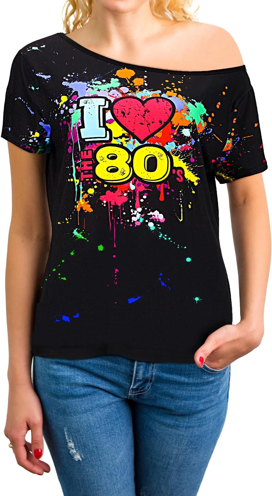80s Outfit for Women Plus Size I Love The 80's Costumes 80s Off Shoulder T-Shirt Tops Neon Clothes Oversized (Black,2X-Large)