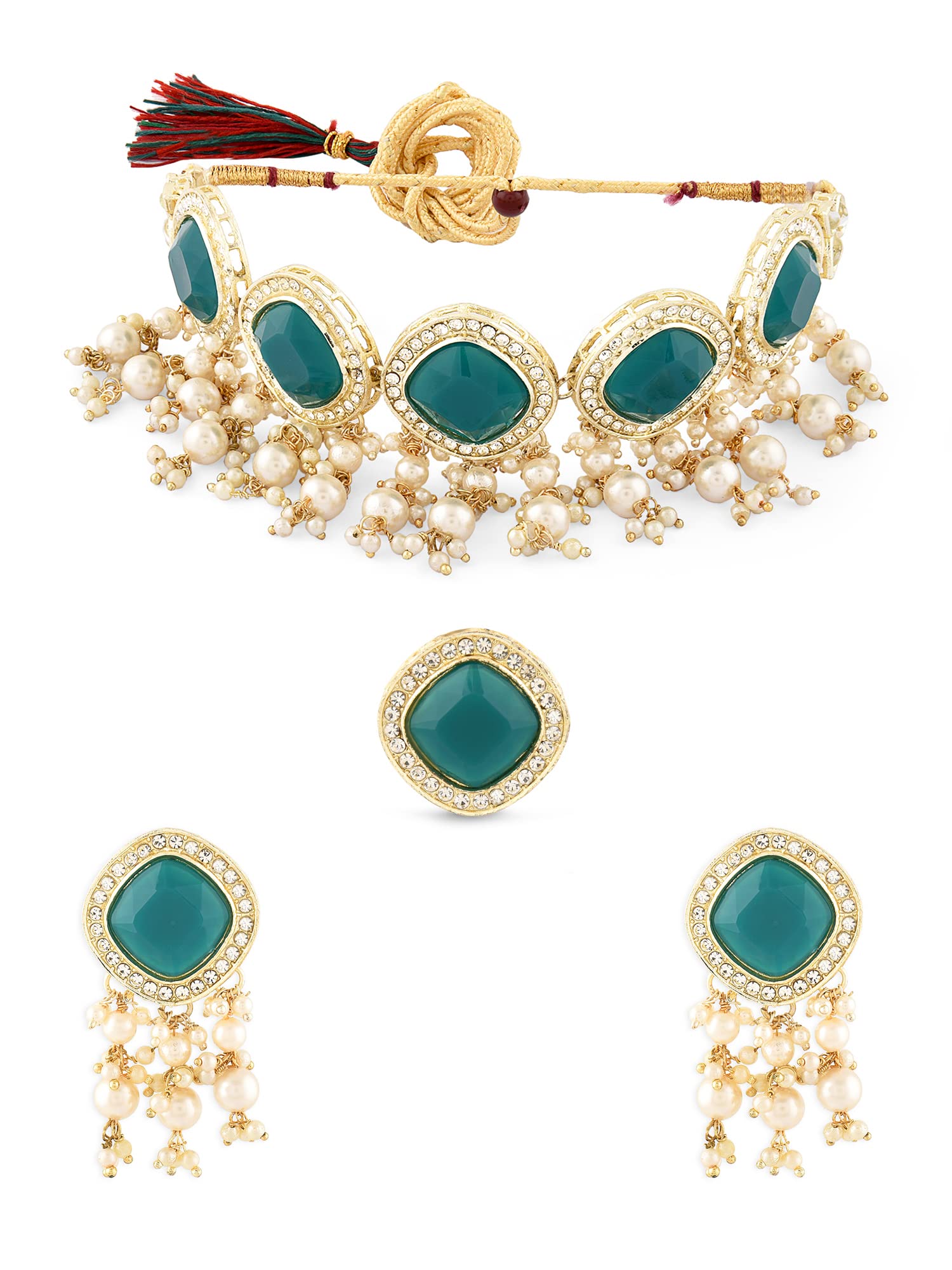 Green Statement Stones Cluster Beads Choker Necklace Earring Ring Set For Women-ZPFK15934
