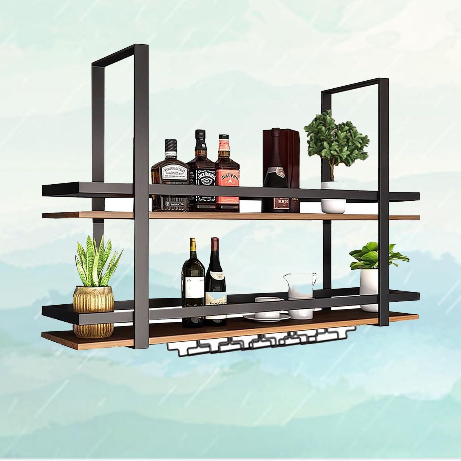 Porte-verres à vin suspendu en bois massif avec barres pour plafond chic
