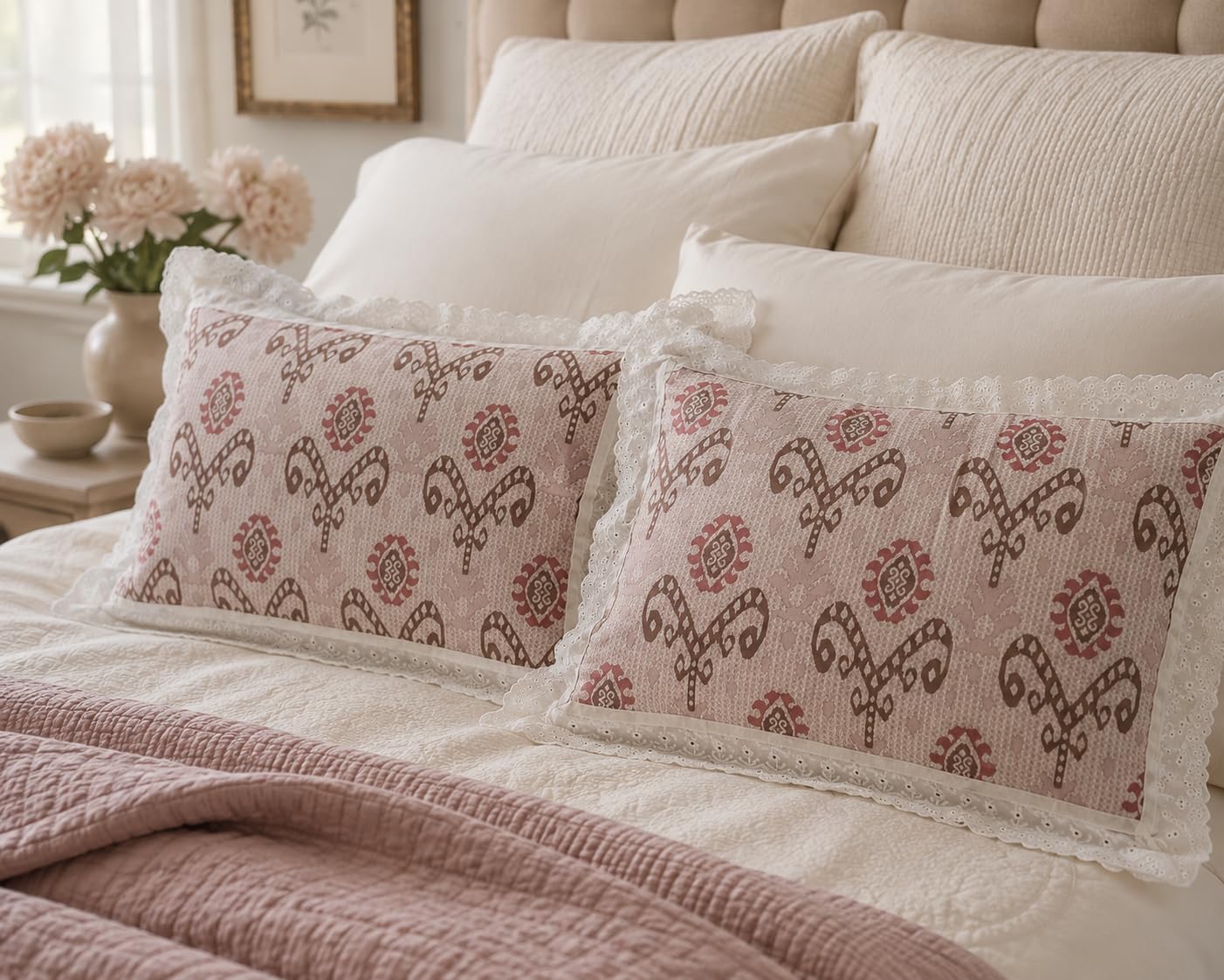 VHC 100% Cotton Lace Pillow Cover/Case Set (Pack of 2)-Maroon (Nomadic Pink)-image-43