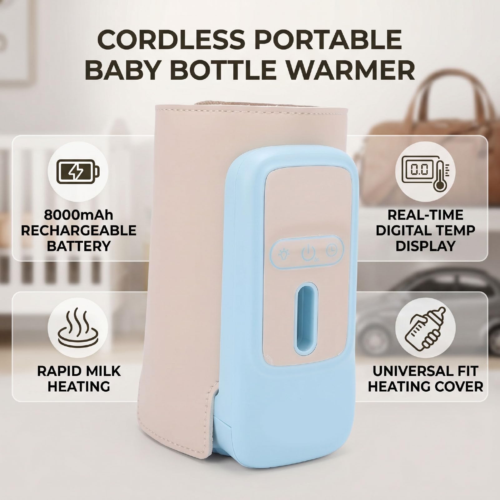 Jiawu Calentador de Biberón Portátil con Pantalla Digital, Batería Recargable de 8000mAh, Calentamiento Rápido Inalámbrico, para Uso en Hogar, Viajes Al Aire Libre