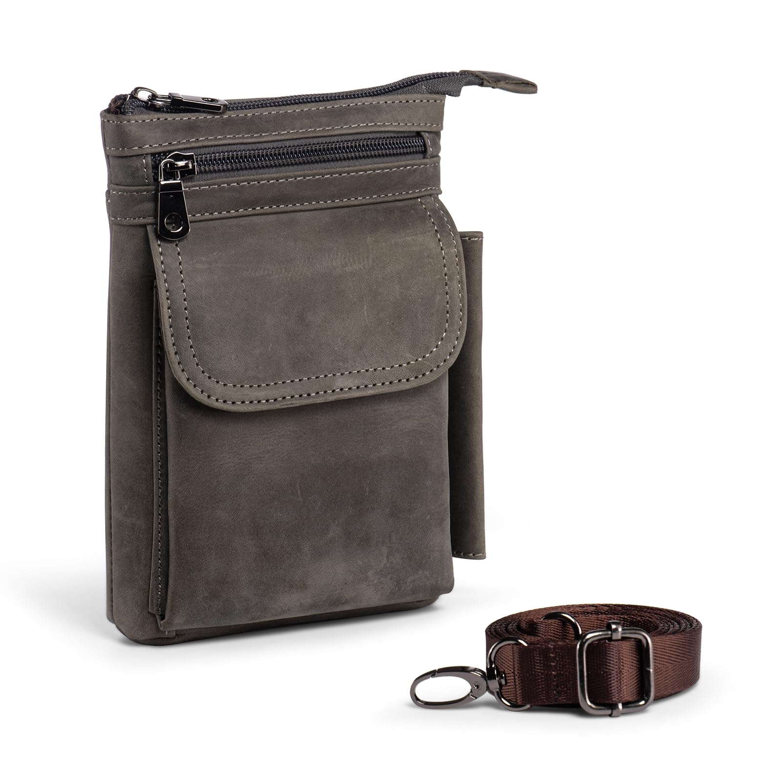 Hengwin Mannen Lederen Schouder Crossbody Tassen, Kleine Verticale Mobiele Telefoon Holsters Purse Pouch Heuptas Pack met Karabijnhaak Clip en Riem Loop, Bruin_b, S, Cross-Body Tassen