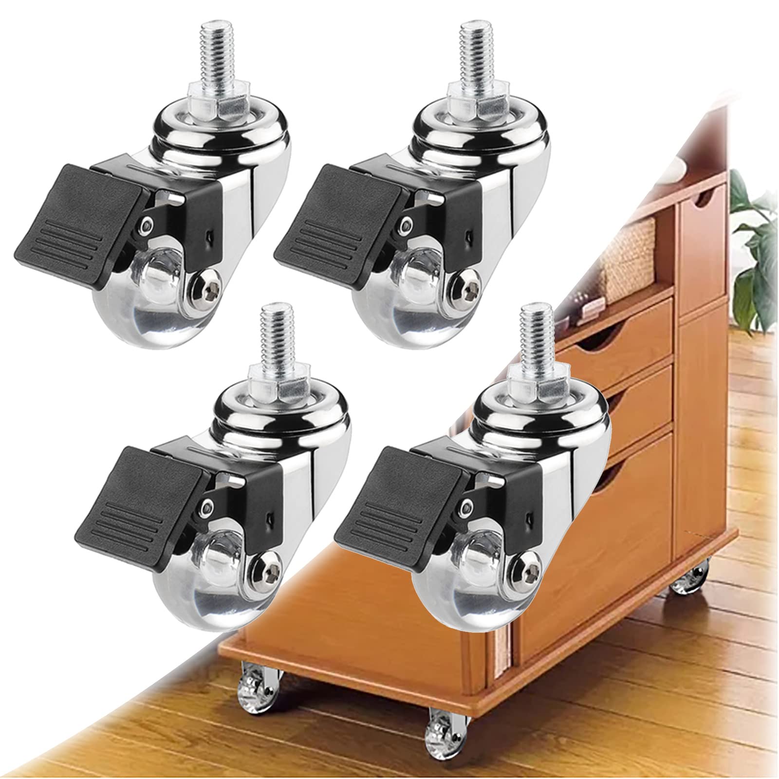 Roulettes pivotantes à tige filetée M8/M10 transparentes de 35 mm pour petit meuble