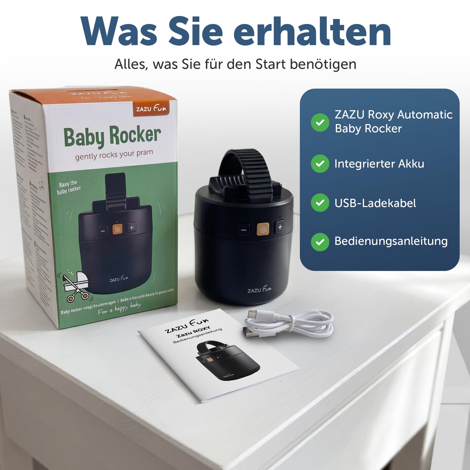 ZAZU ROXY Baby Rocker – Elektrischer Kinderwagen-Schaukler mit Weinen-Sensor, einstellbarer Wipp-Stärke & 40-Min-Auto-Off – Tragbar, wasserabweisend & USB-aufladbar