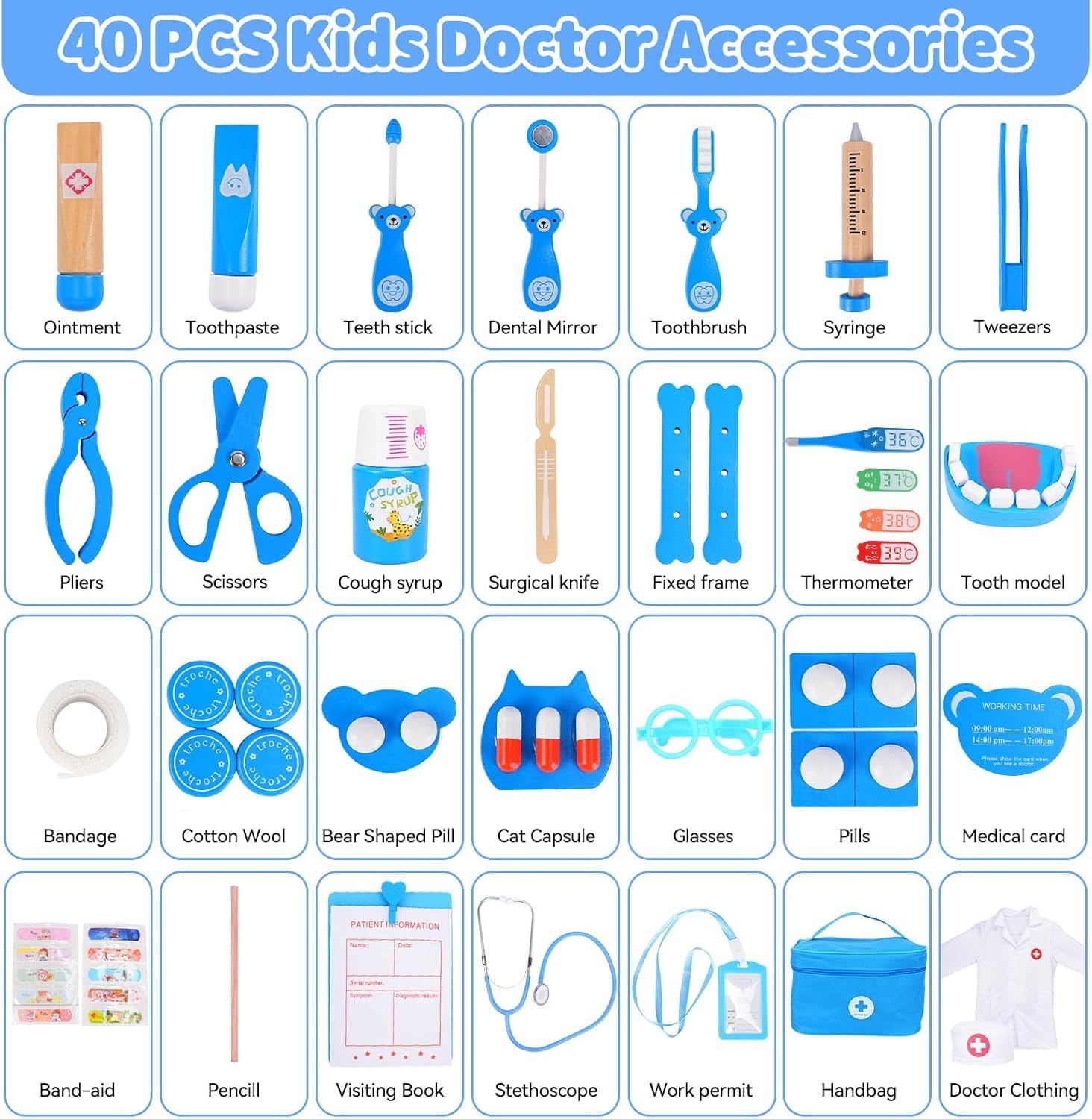 Maletin Medicos Juguete,Kit Medico Infantil,Doctora Juguete con Real Estetoscopio,Termómetro,Maletín de Médico Portátil,Juegos de Imitacion Regalos para Niñas Niños 3 4 5 6 -Azul — view 7