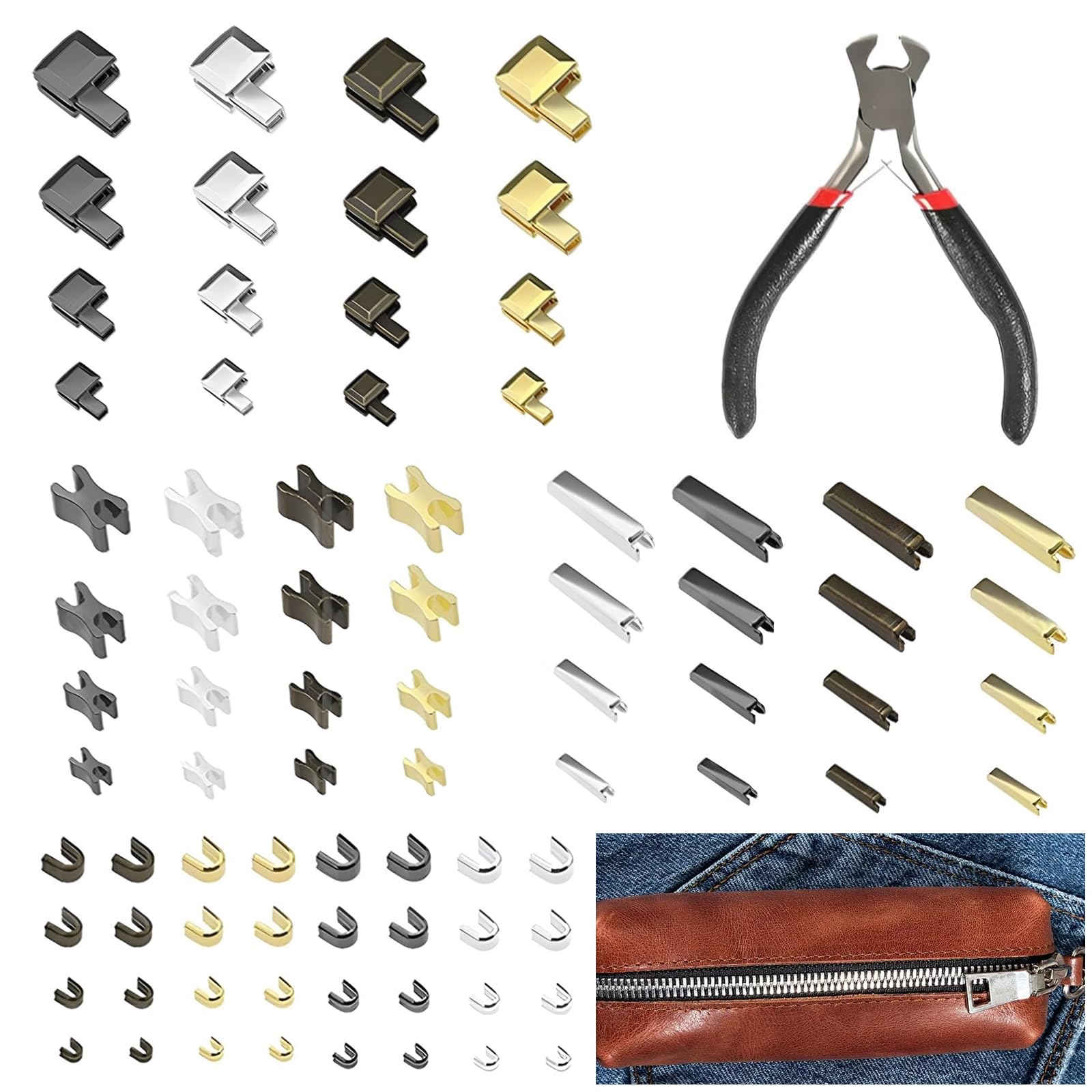 Scdzy Gold/Silver/Bronze 80 Pcs Zipper Repair Kit, Insertion Pin Zipper Bottom Stopper Zipper Slider Puller Replacement Metal Pull Head Tab Zip Fixer With Zip Install Pliers (4 Colors)
