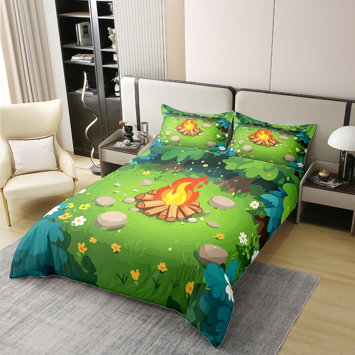 Homewish Camper King pościel szczęśliwy kemping bawełna poszewka na kołdrę zestaw leśny kemping poszewka na kołdrę dla dzieci chłopców dziewcząt, zestawy łóżek na ognisko