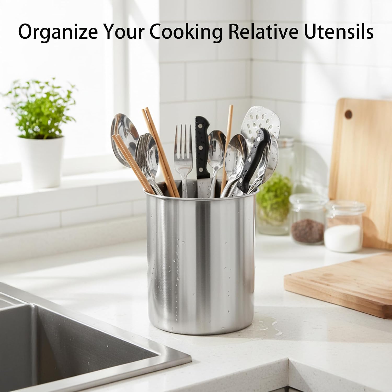 Utensil Holder for Kitchen Countertop, 5.2-Inch Stainless Steel Caddy