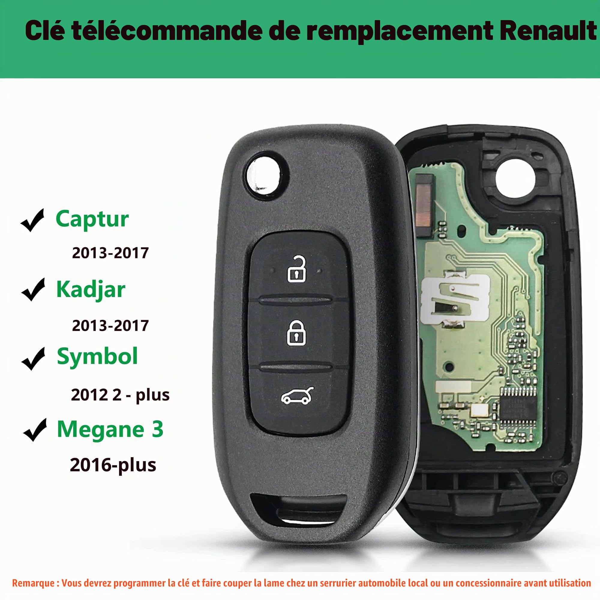 Heart Horse Coque de Clé Télécommande Pliable à 3 Boutons Clé de Rechange Télécommande pour Re Nault Symbol Kadjar Captur Megane 3, Boîtier Clef telecommande avec 433MHz 4A PCF7961MChip VA2 Lame