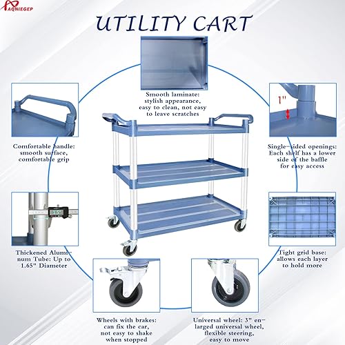 Miniatura 4 de AQNIEGEP Carrito utilitario con ruedas, carrito de cocina de alimentos resistente de 510 libras y carrito de servicio rodante para restaurante,