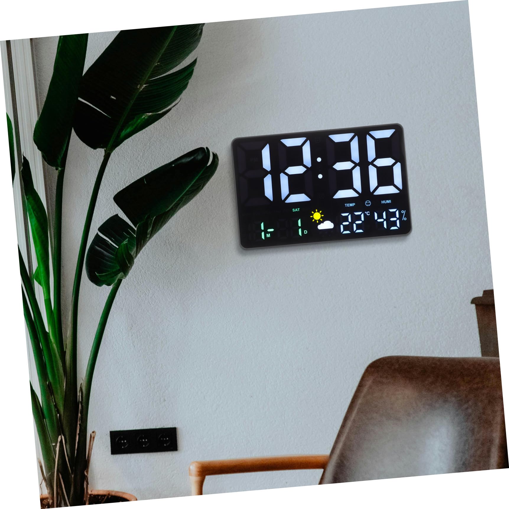 BESPORTBLE Digitale Wanduhr mit LED Display aus Kunststoff Temperatur und Luftfeuchtigkeitsmessung Wetterstation für Wohnzimmer mit Mehrfarbiger Beleuchtung und Weckerfunktion