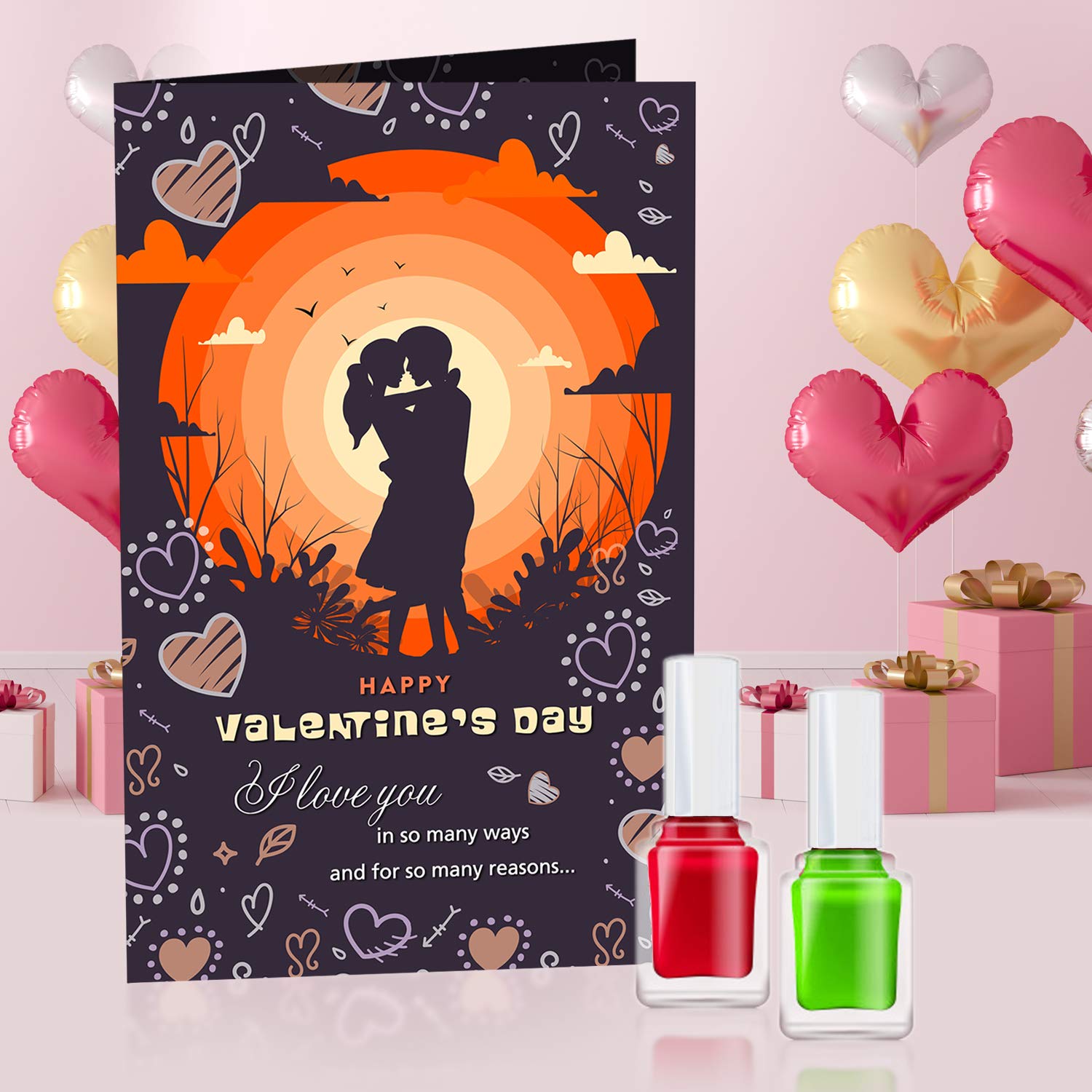 GIFT MY PASSION Happy Valentine's Day I Love You in So Many Ways and for So Many Reason Greeting Card with 2 Nail Polish for Women Long Lasting Nail Paint Multicolor Combo