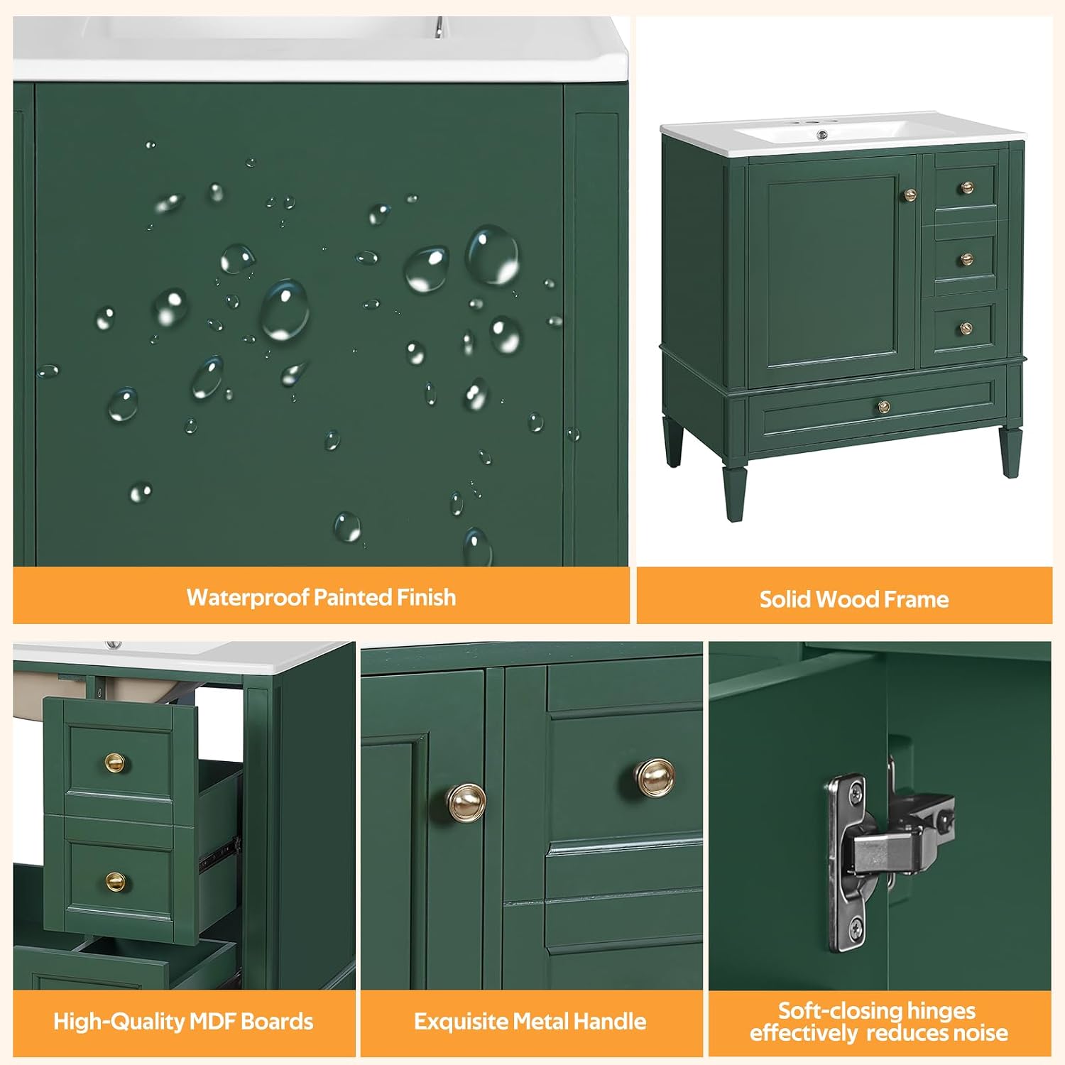 Close-up of vanity features including waterproof finish, solid wood frame, metal handle, and soft-closing hinges.