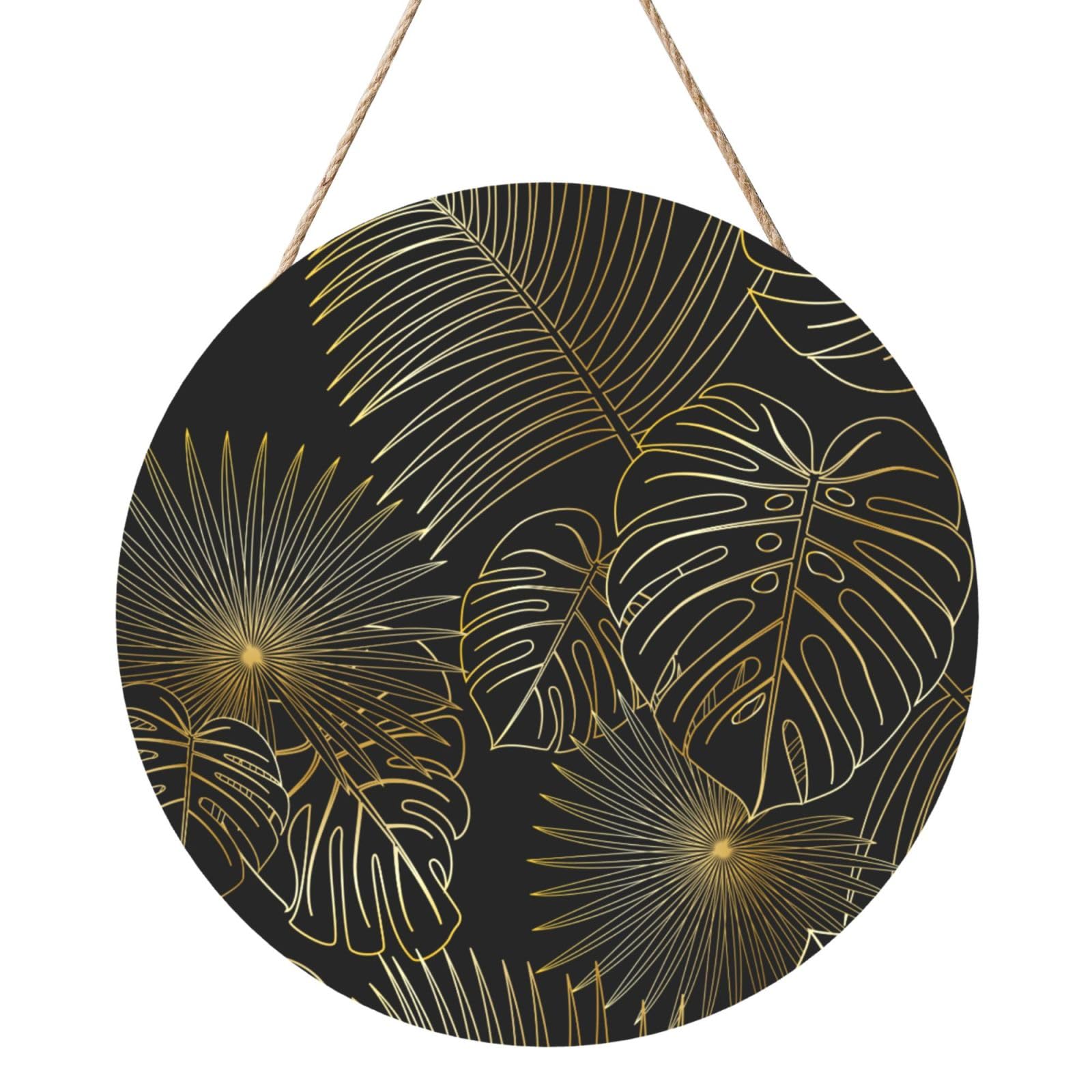 InOmak Seamless Pattern Of Exotic Jungle Tropical Golden Palm Leaves, Round Wood Panel Painting 12 in, Wall Hanging Painting For Home