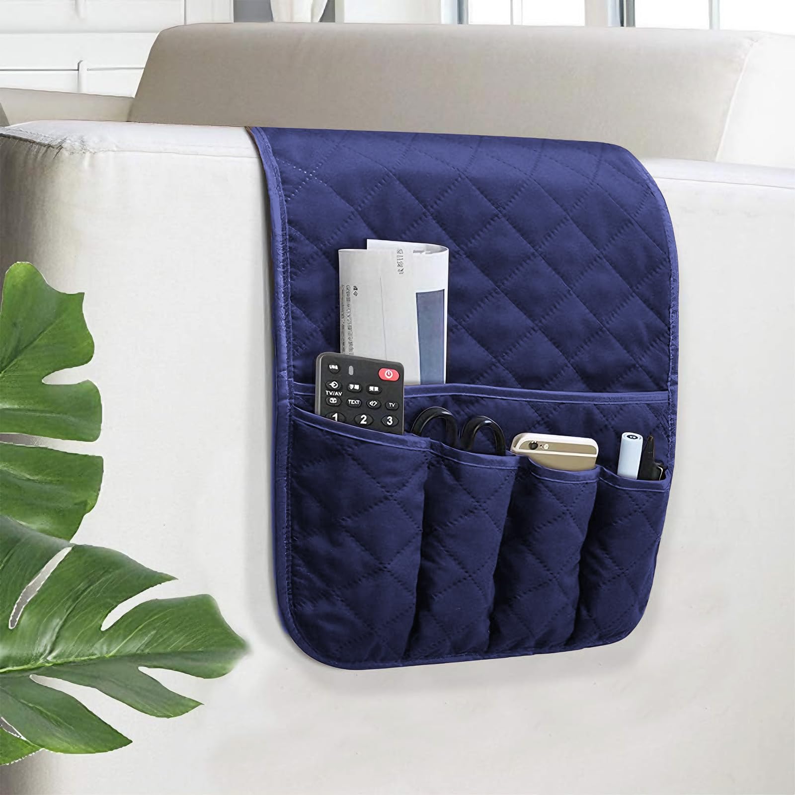 Sofa Armrest Organizer Non-Slip Arm Chair Bedside Caddy Storage Organizer for Recliner Couch with 5 Pockets for Cell Phone TV Remote Control Magazines (BLUE)