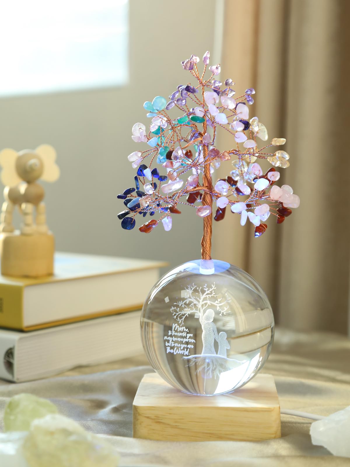 FOLKOR LIFE Chakra Tree Gift for Mom Women Birthday Mother’s Day, 3D Mom Kid Figurines Night Light Crystal Ball for Meditation Relaxation, Spiritual Tree Feng Shui Decor for Home Office Shelf Desk