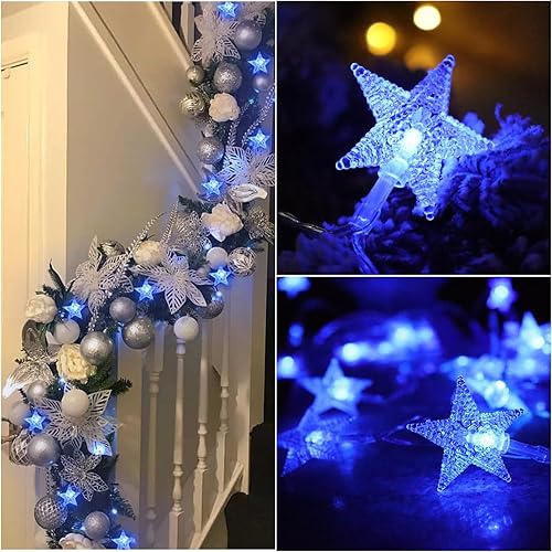 Miniatura 5 de Runleo Guirnalda de luces azules para decoración de Navidad, 20 pies, 40 luces LED, funciona con pilas, 8 modos y temporizador, decoración colgante