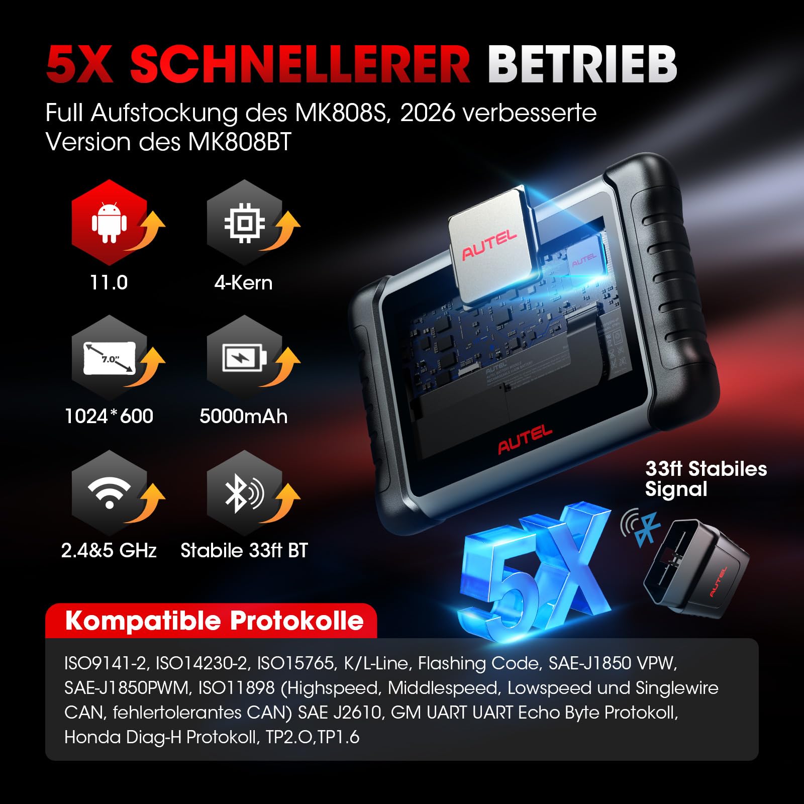Autel MaxiCOM MK808K-BT OBD2 Diagnosegerät Gleich wie MK808BT Pro 2024 Bidirektionaler Aufstockung des MK808S MX808S, BT Ver. von MX900, Aktiver Test, 28+ Dienst, Alle System Scan-Tool, Batterie Test