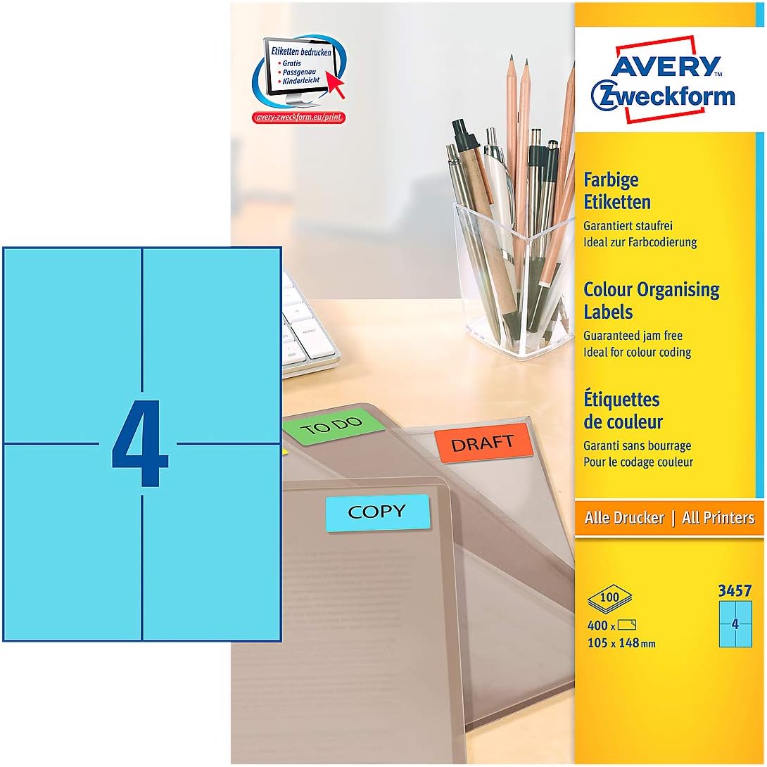 AVERY Zweckform 3457 Blaue Etiketten (400 Aufkleber, 105x148mm auf A4, permanent haftend, selbstklebende Farbetiketten, Papier matt, bedruckbare, farbige Klebeetiketten) 100 Blatt