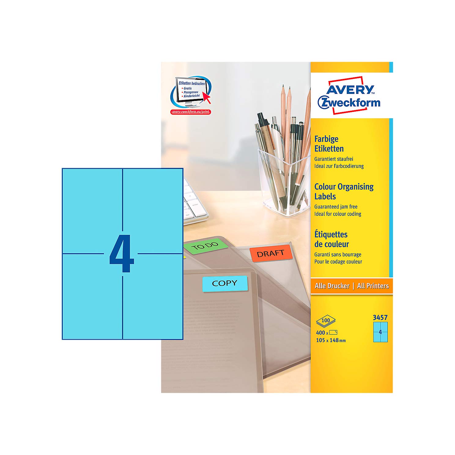 AVERY Zweckform 3457 Blaue Etiketten (400 Aufkleber, 105x148mm auf A4, permanent haftend, selbstklebende Farbetiketten, Papier matt, bedruckbare, farbige Klebeetiketten) 100 Blatt