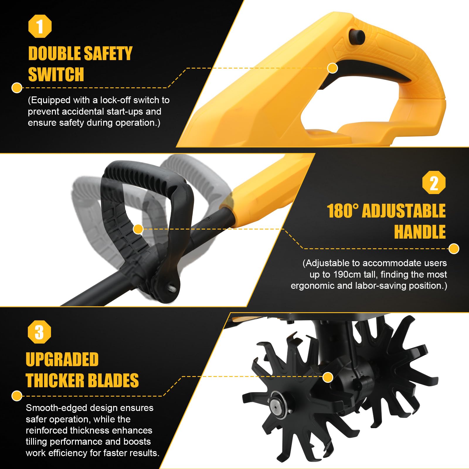 WingFly Motobineuse sans Fil pour Dewalt 20 V Batterie, 800 W motoculteur électrique, Moteur sans balais, Vitesse 387 TR/Min, Profondeur de Travail 18 cm et Largeur de Travail 20 cm (sans Batterie)