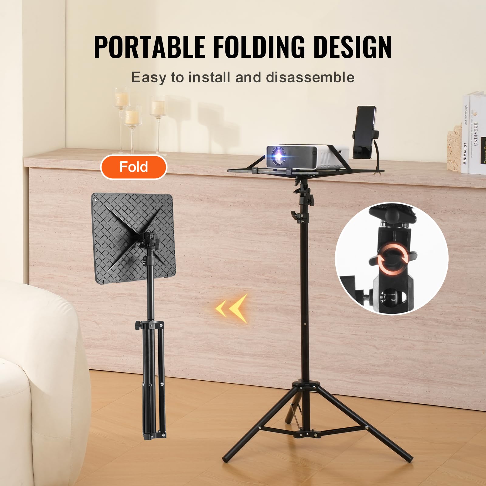 VEVOR Soporte para Proyector, Trípode para Computadora Portátil con Bandeja y Soporte para Teléfono con Cuello de Cisne Altura Ajustable de 685-1600 mm para Películas al Aire Libre, Hogar, Oficina