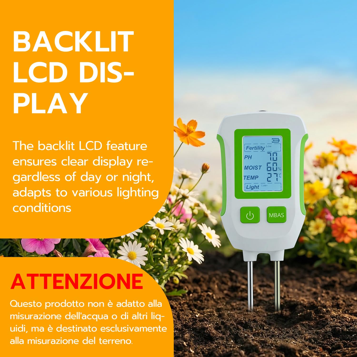 Misuratore di umidità del Terreno 5 in 1 - Tester Digitale per PH, Fertilità, Temperatura e Luce - Display LCD Retroilluminato per Piante, Giardino e Fattoria