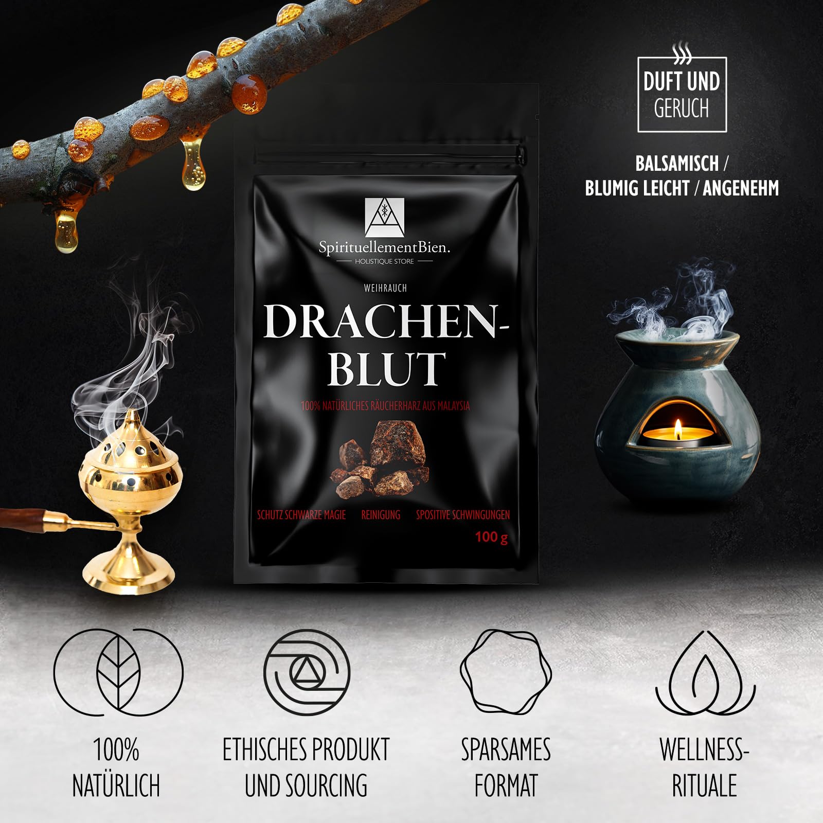 Weihrauch Drachenblut – 100% Reines und Authentisches Harz in Körnerform 100 g – Für Räuchergefäß oder Duftbrenner – Schutz vor schwarzer Magie – Reinigung – Positive Schwingung