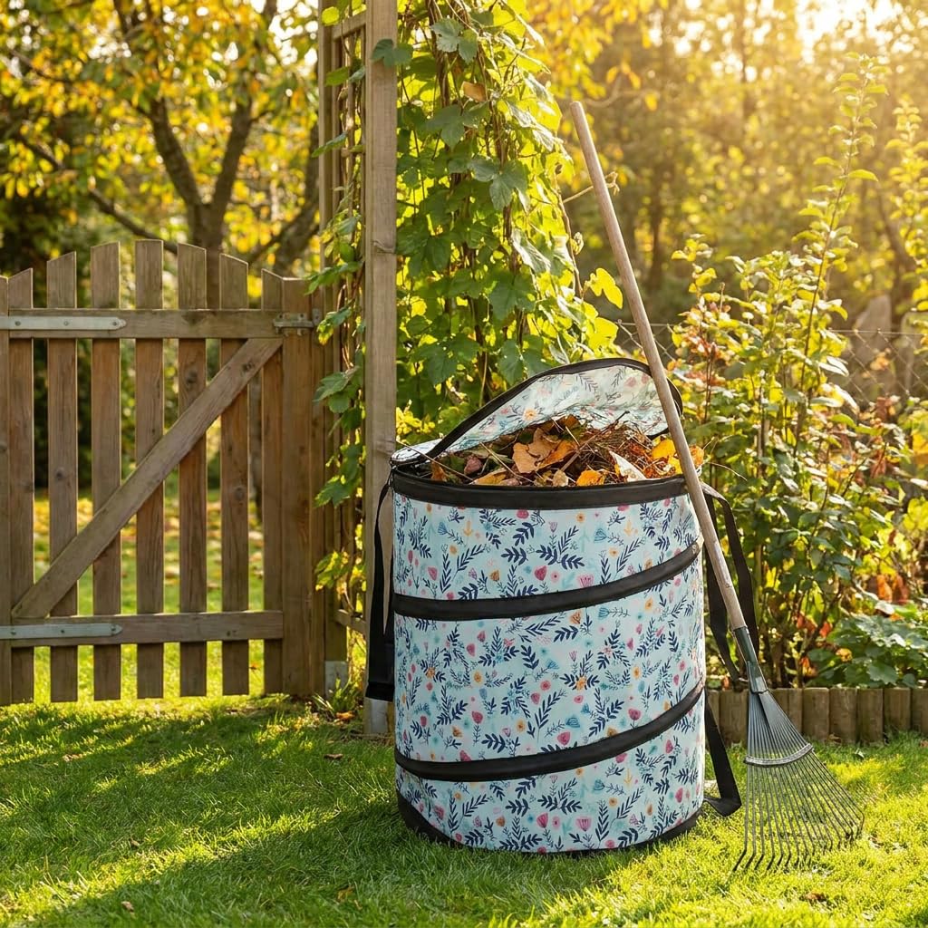 FRANK FLECHTWAREN Laubsammler Floral, 100% Polyester, Ø 45 x 45 cm 80 Liter, 3 Tragegriffe Reißverschluss faltbar, Gartenabfälle