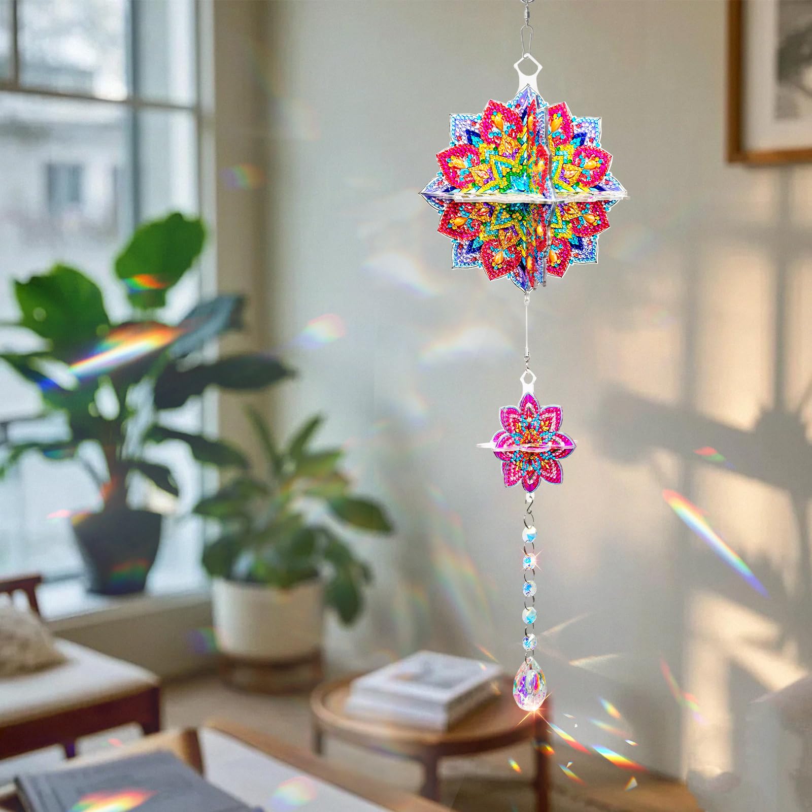Mandala DIY akrylowe malowanie diamentowe dzwonki wietrzne z kryształowym wisiorkiem do ogrodu i domu