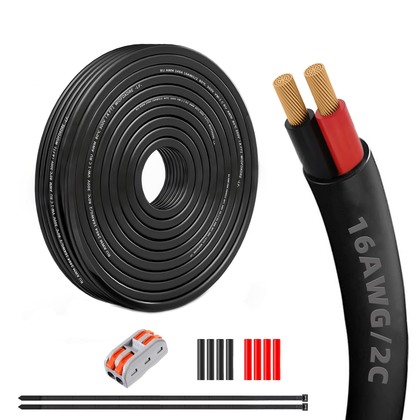 16 Gauge 100% Pure Copper 2 Conductor 16/2 Flexible Electrical Wire 15FT, UL2464 16AWG 2 Core Electrical Cable for Automotive, Marine,Boat,LED