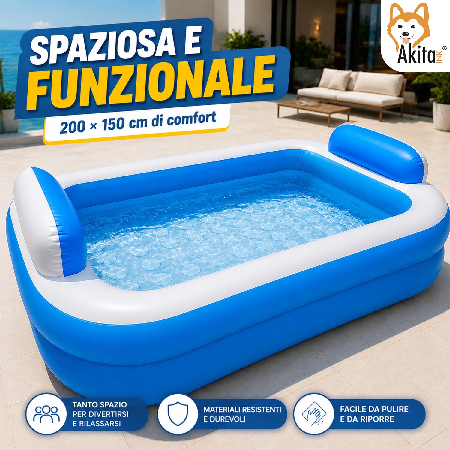 Akitaink Piscina Gonfiabile Rettangolare 200x150x50 cm con Cuscini e Fondo Gonfiabile in PVC Azzurro/Bianco per Bambini dai 3 Anni in Su