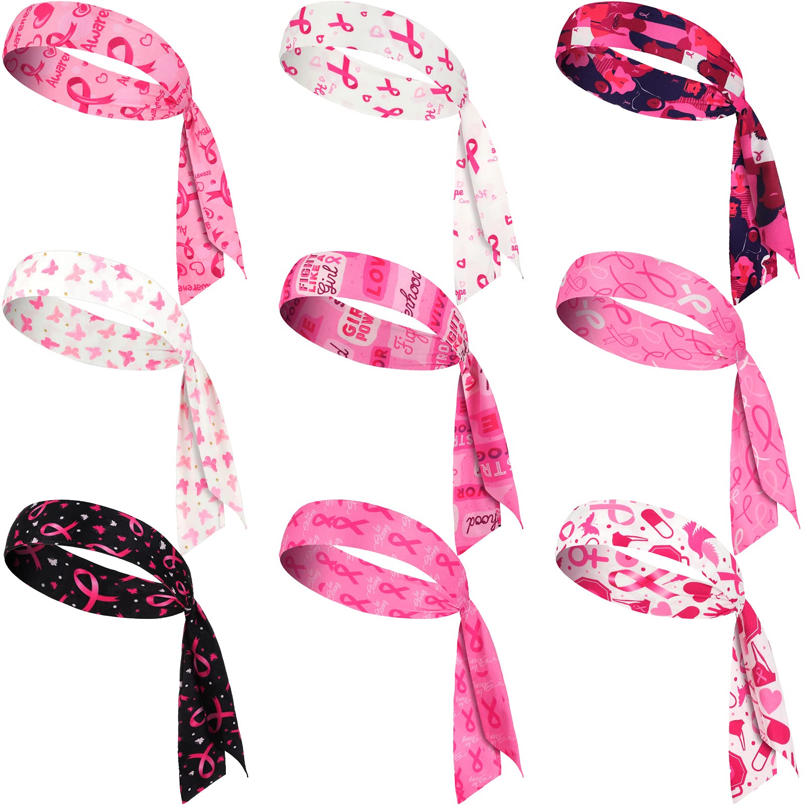 MTLEE9 Pieces Breast Cancer Awareness Head Ties Pink Ribbon Hair Band Sweat Wicking Stretchy Hairband Elastic Widened Headband Yoga Running Exercise Sports Workout Hair Bands for Girls and Women