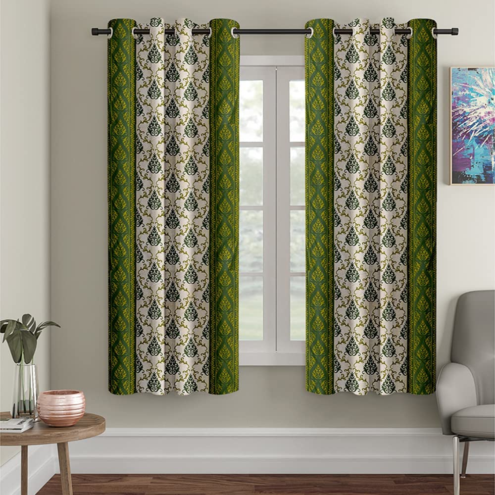 Cortina Damask Light-Filtering Polyester Curtains 7 feet Long Set of 2 for Door [ Opacity: 50-60%, Color: Green, Printed Curtain -130 GSM ]-image-13