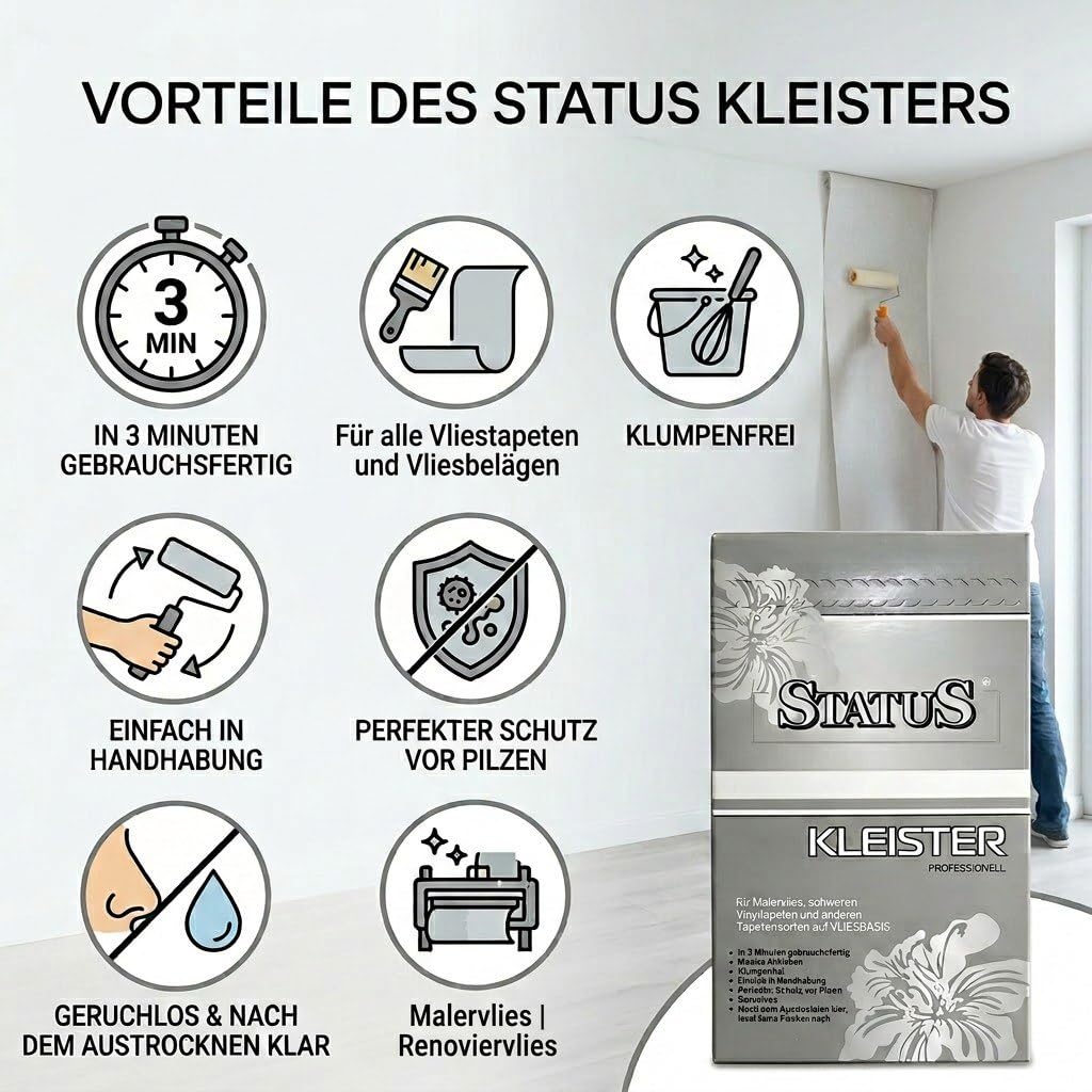 Profhome STATUS PROFI Vlieskleister 5kg (bis 800m²) – Premium Tapetenkleister für schwere Vliestapeten Malervlies rissüberbrückend klumpenfrei geruchlos Schimmelschutz Made in Germany 300-12-20