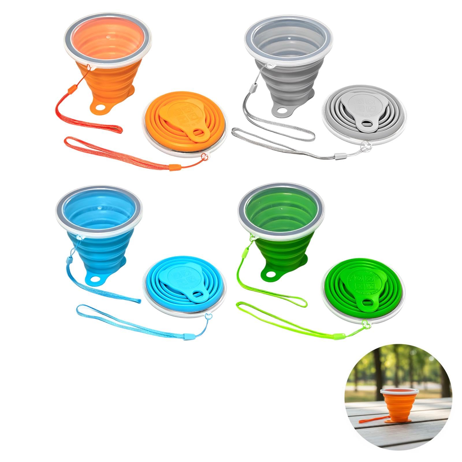 4 gobelets pliables en silicone, avec couvercles, gobelet portable, mugs de voyage extensibles de poche pour voyage, camping, rinçage buccal, gris, vert, orange, bleu