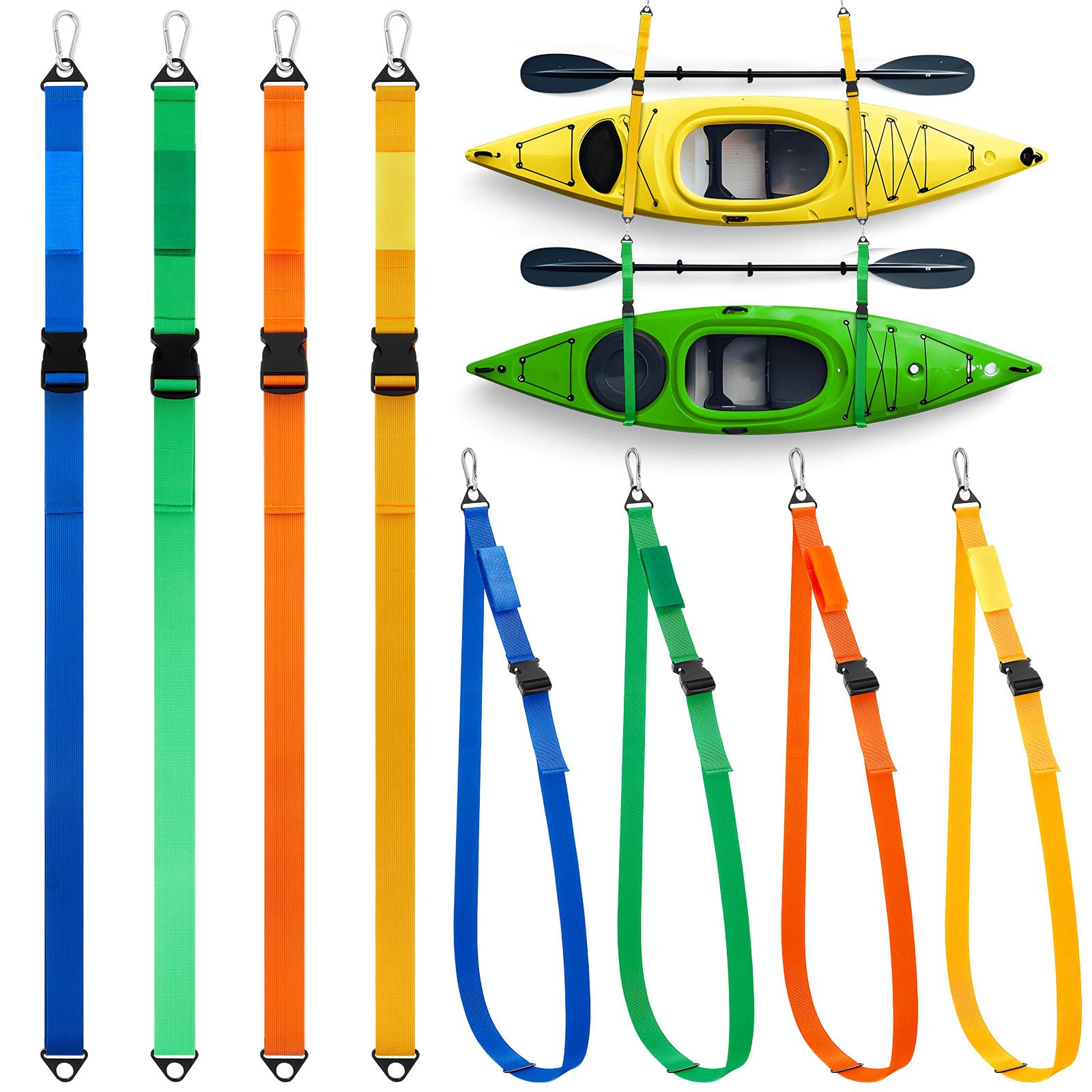 Seenelling 8 cinghie da appendere per kayak e snowboard, capacità 199,6 kg, cinghie in nylon con moschettone, salvaspazio, per interni ed esterni, tavola da surf, paddle, garage, accessori per riporre