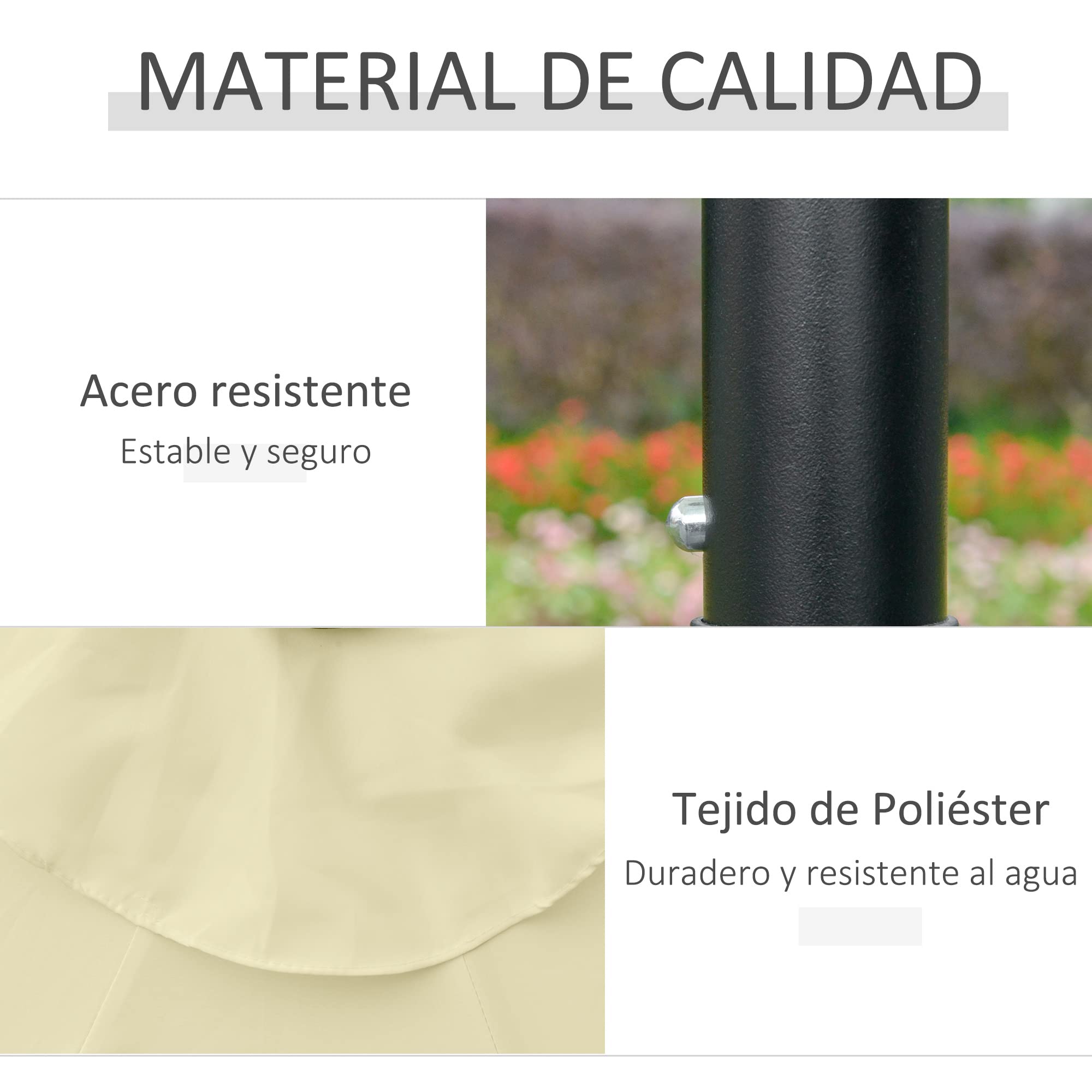 Outsunny Sombrilla Terraza Exterior Ø265 cm con 32 Luces LED Solares Beige | Sombrilla de Jardín, Poste de Acero, Manivela de Parasol Inclinable, para Patio, Terraza