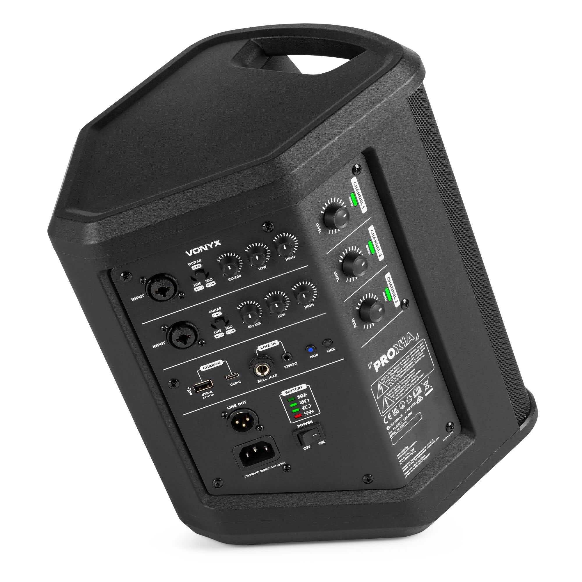 Vonyx PRO X1A - Akku Partybox Bluetooth Lautsprecher Groß, 2er Set inkl. Stativ, 250 Watt, 22 Std. Akku, AUX & Line, Mobile PA Anlage, 3-Kanal Mixer, Stereo Pairing - Mobile Musikbox Groß, USB & MP3