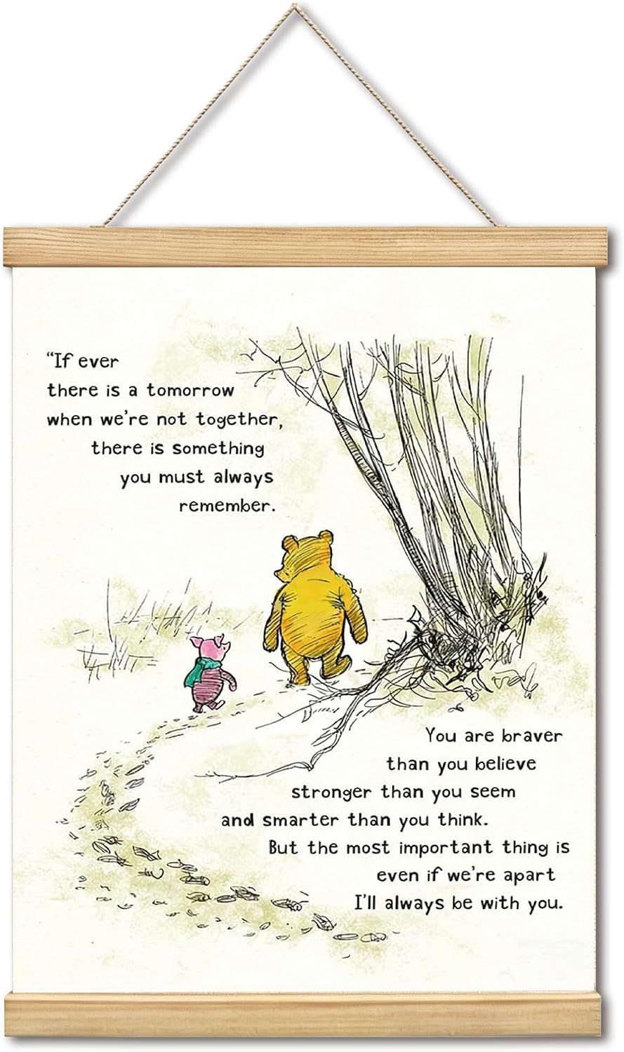 WUAWN Always Remember You Are Braver Than You Believe The Pooh Room Decor，Biblical Affirmations for Kids Wall Art,Winnie The Pooh Baby Decorations for Nursery,Wooden Hanging Rod Religious Gifts-05