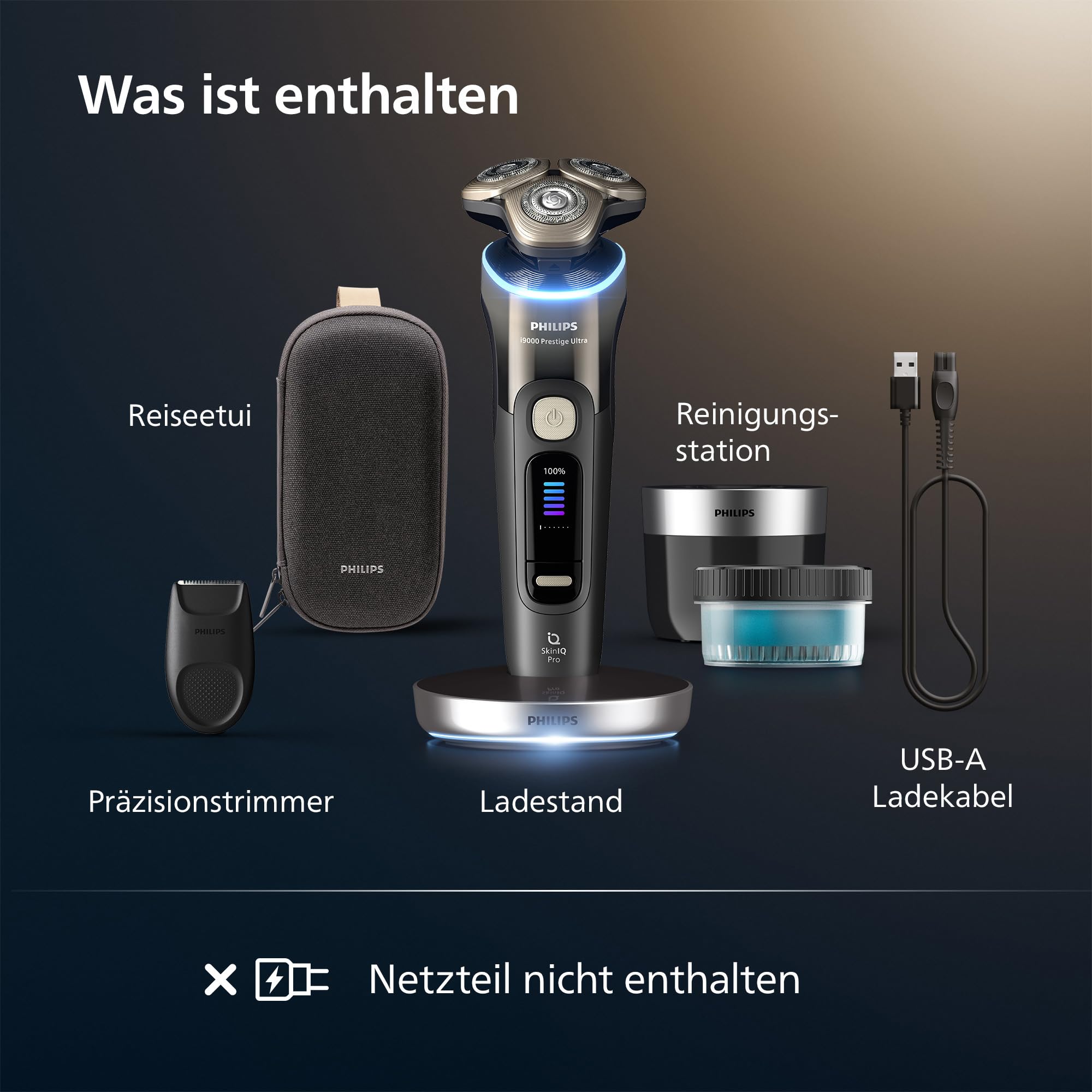 Philips i9000 Prestige Ultra elektrischer Rasierer für Herren, Nass- und Trockenrasur, schwarz, Druck- und Bewegungssensor, Trimmeraufsatz, Reinigungsstation, Ladestation, Reiseetui XP9405/31