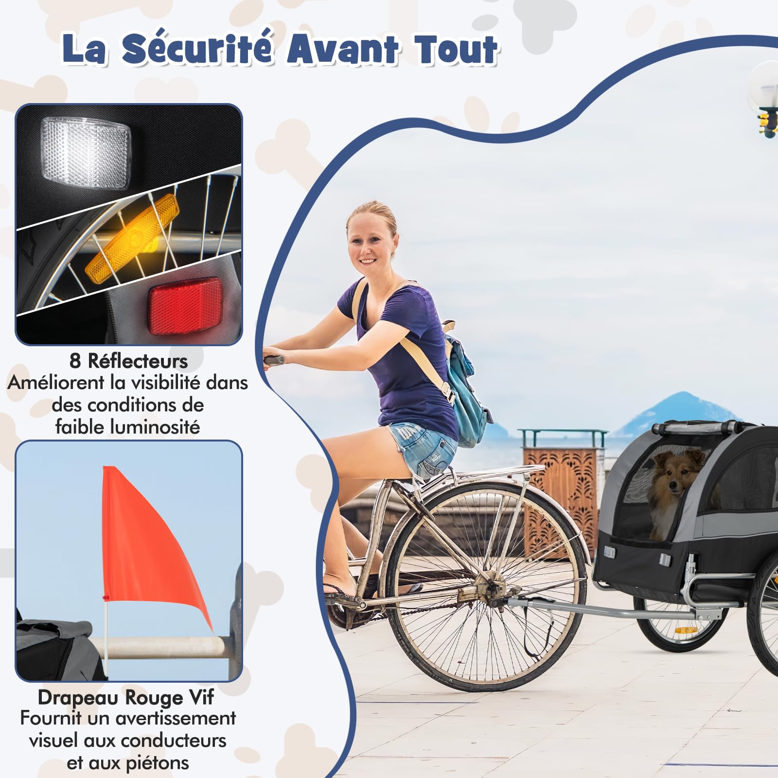 GOPLUS Remorque de Vélo pour Chien, Chariot pour Chien avec Drapeau de Sécurité, 8 Réflecteurs, Cadre Pliable, Roues à Dégagement Rapide, Convient aux Animaux, Charge Max. 40 kg (Gris)