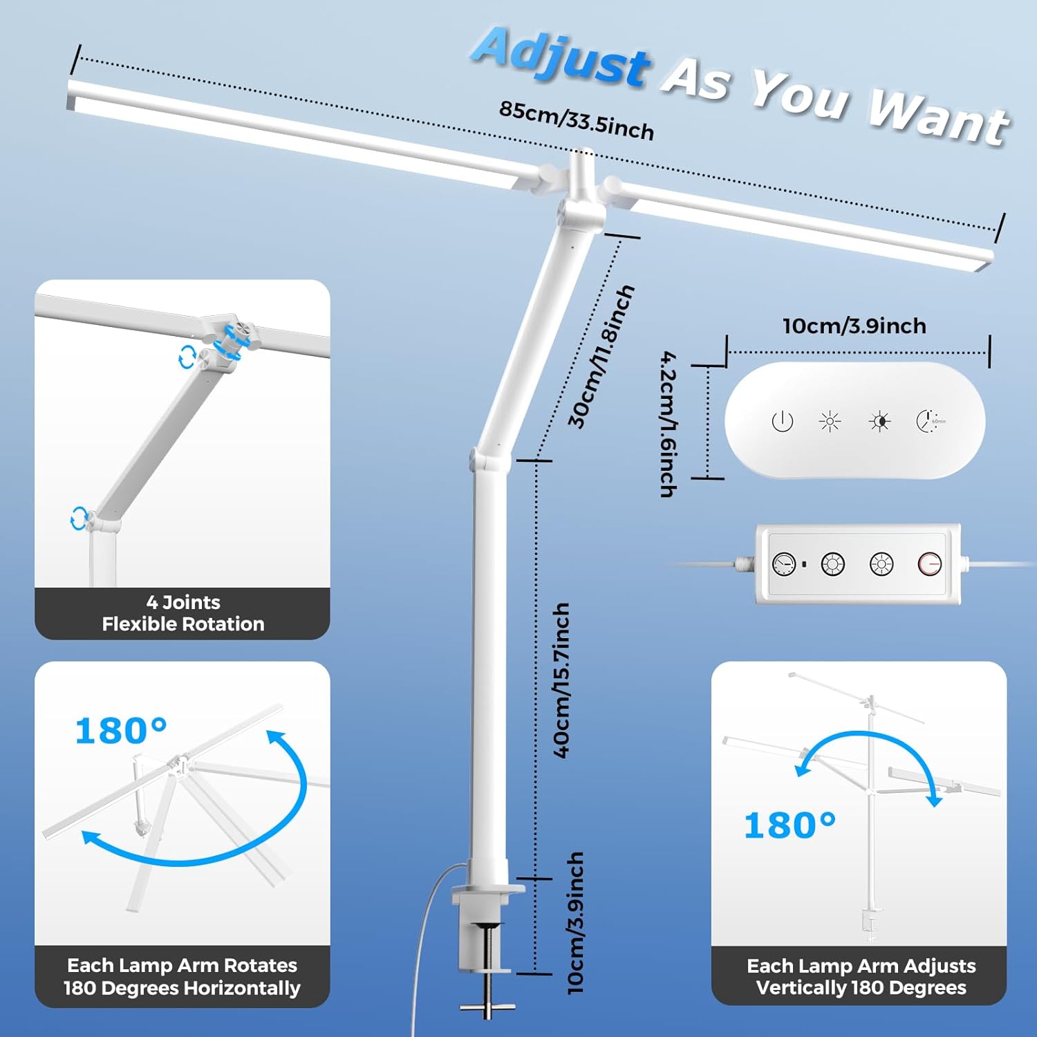 LED Desk Lamp, Double Swing Arm Wide Lighting Area Desk Lamps for Home Office with Stepless Dimming, Eye-Caring Architect Desk Light with Clamp for Reading, Study, Workbench, Drafting(White)