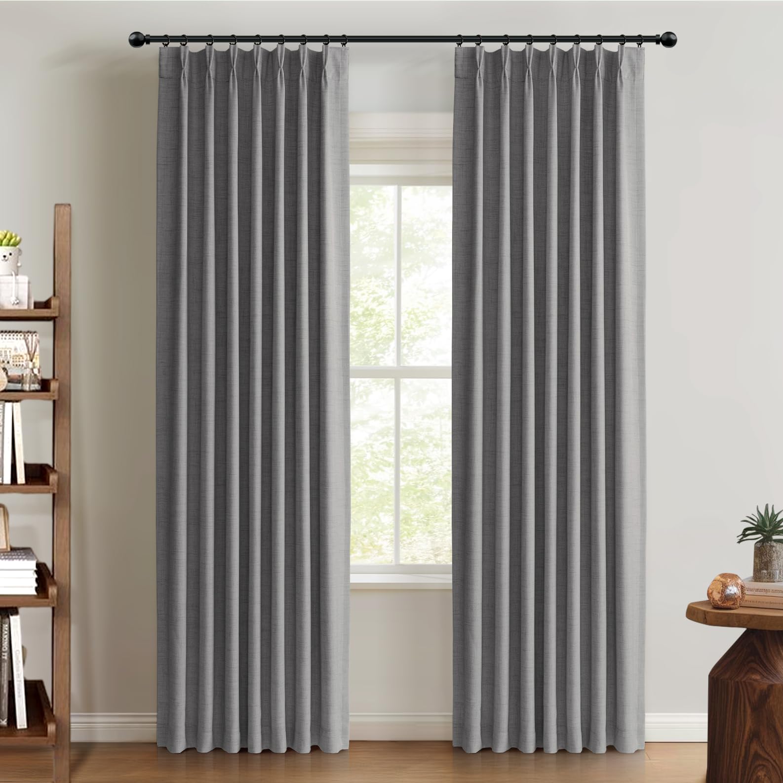 Photo 1 of 100% Blackout Shield Linen Look Textured Pinch Pleated Curtains Blackout Drapes 108 Inch Long 2 Panels Set, Faux Linen Blackout Curtains for Bedroom & Living Room, 40" W x 108" L, Dark Grey
