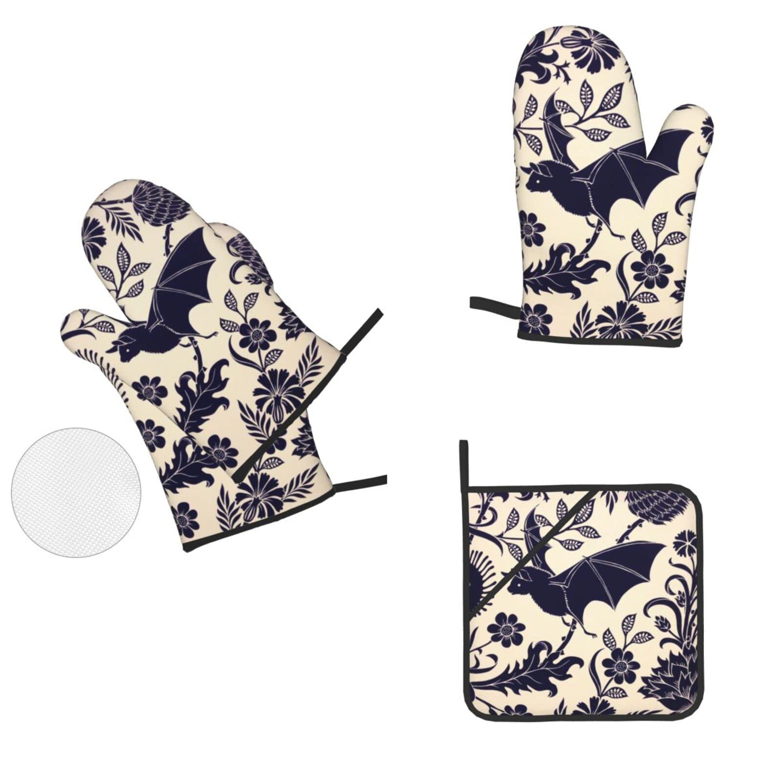 Ensemble Gants & Maniques Cuisine Motif Chauve-Souris – Résistants Chaleur, Doublés, Avec Boucle Suspension – Style Halloween